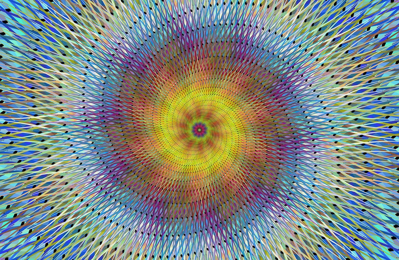 a multicolored image of a circular design, a digital rendering, inspired by Gabriel Dawe, flickr, generative art, fractal of scary dirac equations, pattern with optical illusion, while tripping on dmt, full of colour 8-w 1024