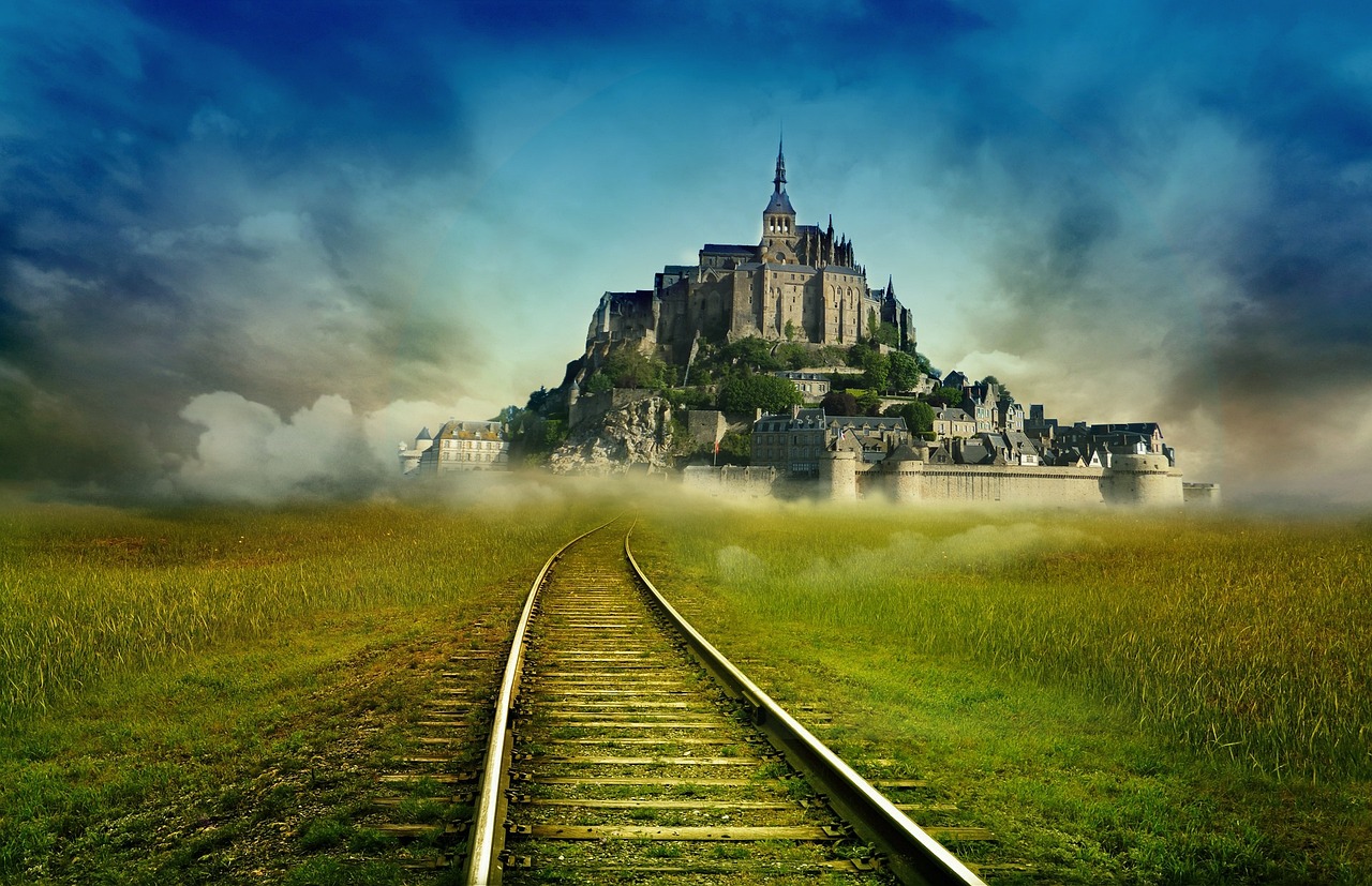 a large castle sitting on top of a lush green field, a matte painting, by Cedric Peyravernay, pixabay contest winner, railroad, traveling in france, high quality fantasy stock photo, floating city on clouds