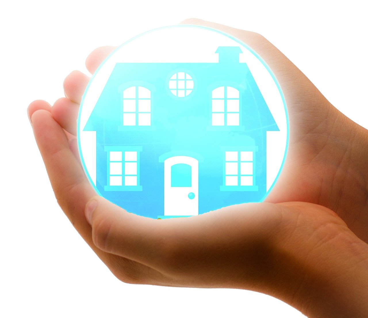 a person holding a house in their hands, a digital rendering, round logo, transparent, foam, slightly smooth