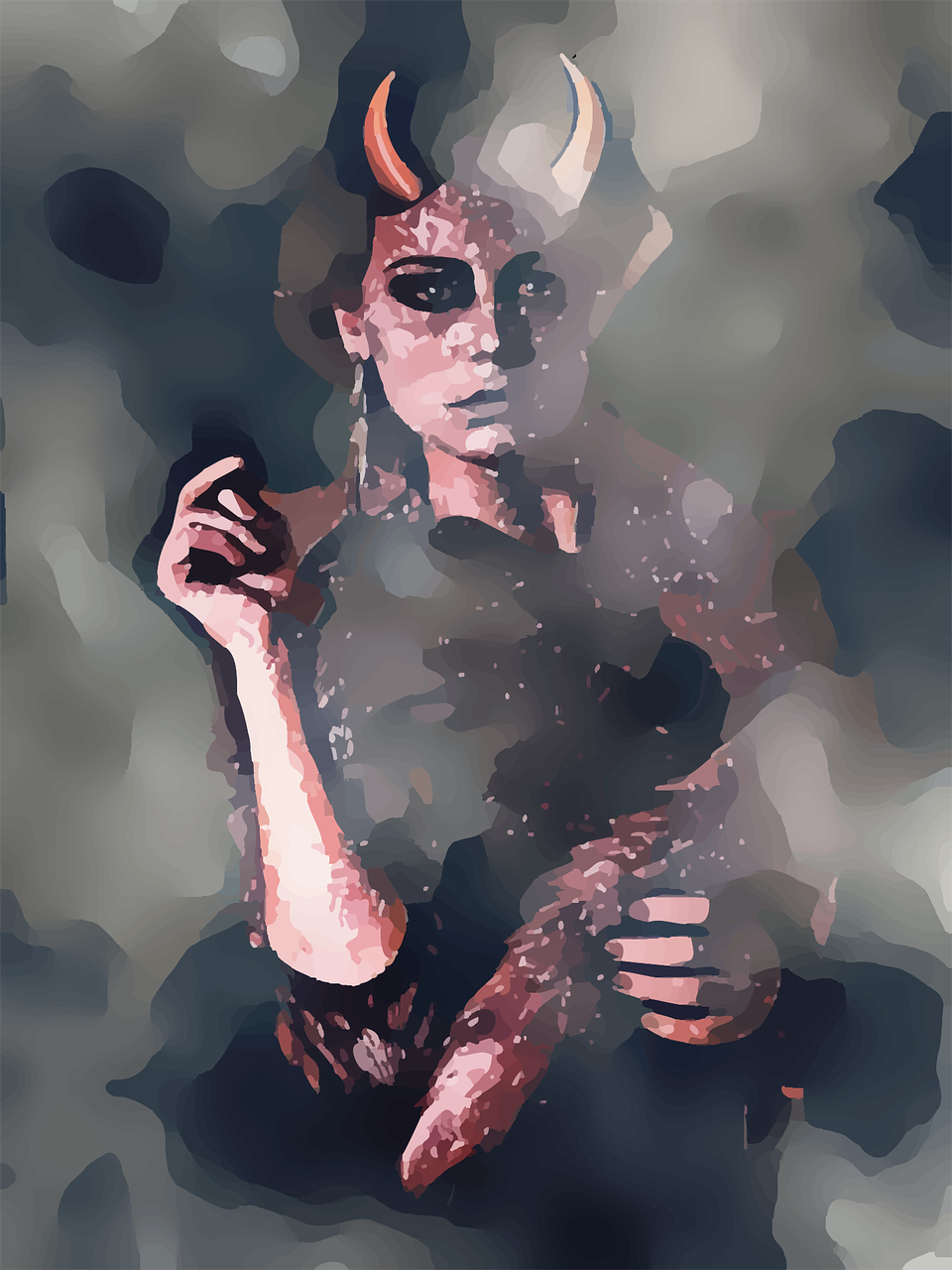 a digital painting of a man with horns on his head, a digital painting, inspired by Leonor Fini, digital art, gothic girl smoking a cigarette, rotoscoped, young glitched woman, girl at a fashion show in hell