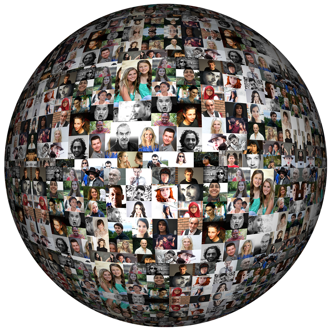a sphere with many pictures of people on it, digital art, on black background, advertising photo, portlet photo, no blur