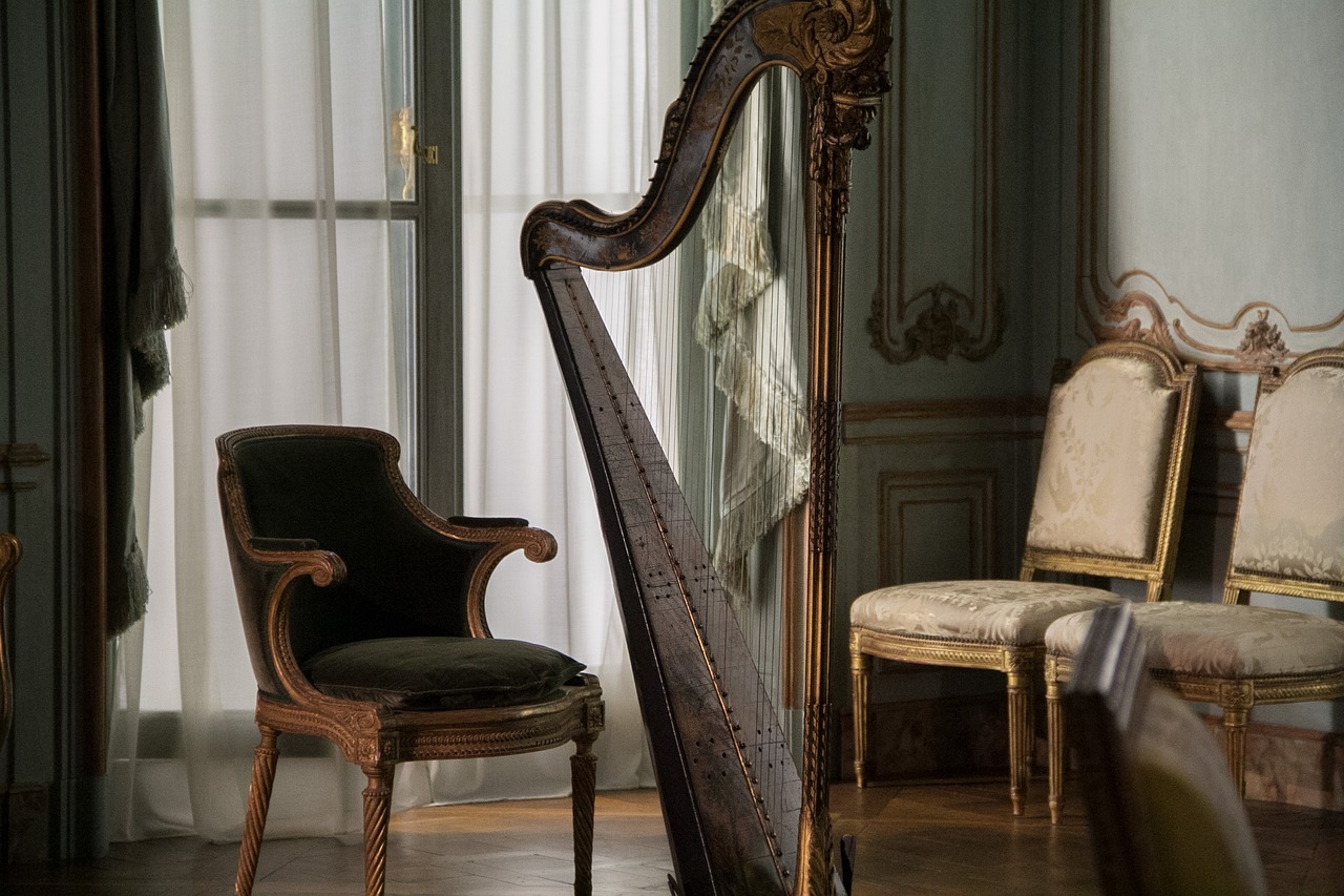 a harp sitting next to a chair in a room, inspired by François Barraud, flickr, baroque, réunion des musées nationaux, shot on sony a 7 iii, willem claesz heda, window