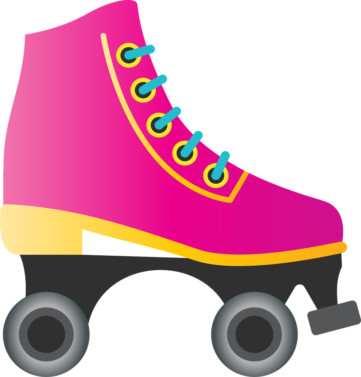 a roller skate shoe with wheels on a black background, pixabay, pink scheme, pink and yellow, smooth illustration, cutout