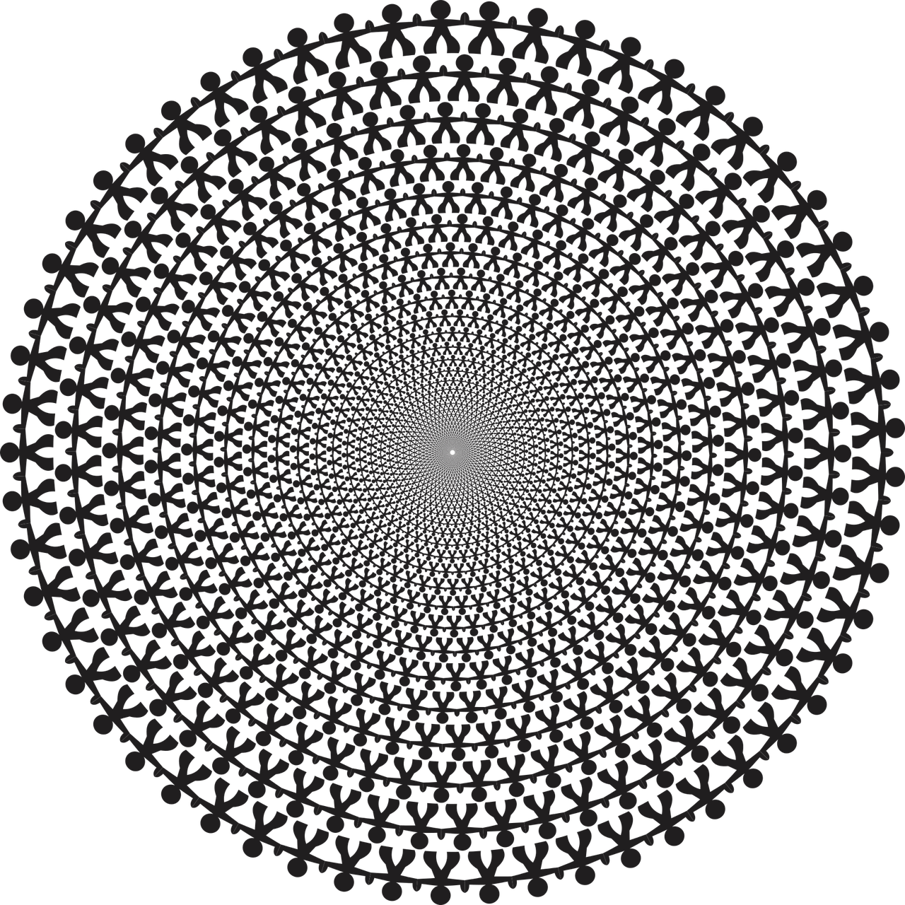 a circular pattern of people holding hands, a raytraced image, inspired by Benoit B. Mandelbrot, generative art, black on black. intricate, yantra, lattice, sharp focus vector centered