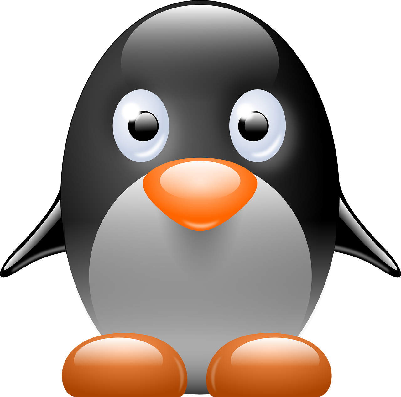 a black and white penguin with an orange nose, computer art, vectorart, shiny silver, gui, jelly