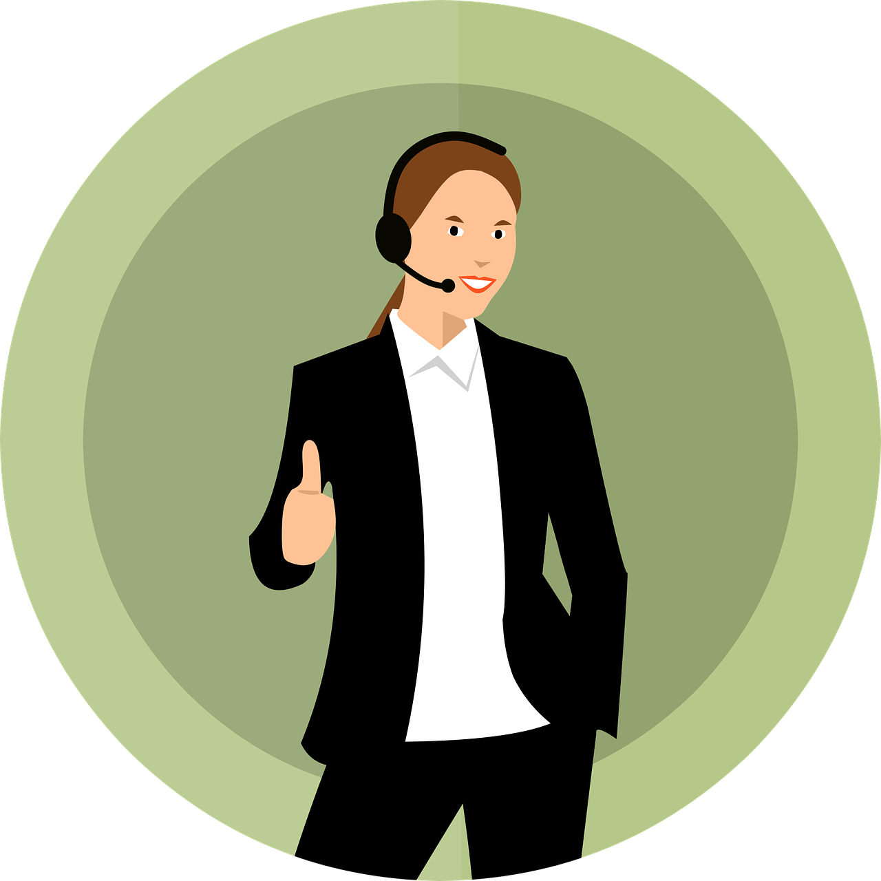 a man with a headset giving a thumbs up, an illustration of, by Tom Carapic, pixabay, figuration libre, woman in black business suit, vert coherent, girl, maintenance
