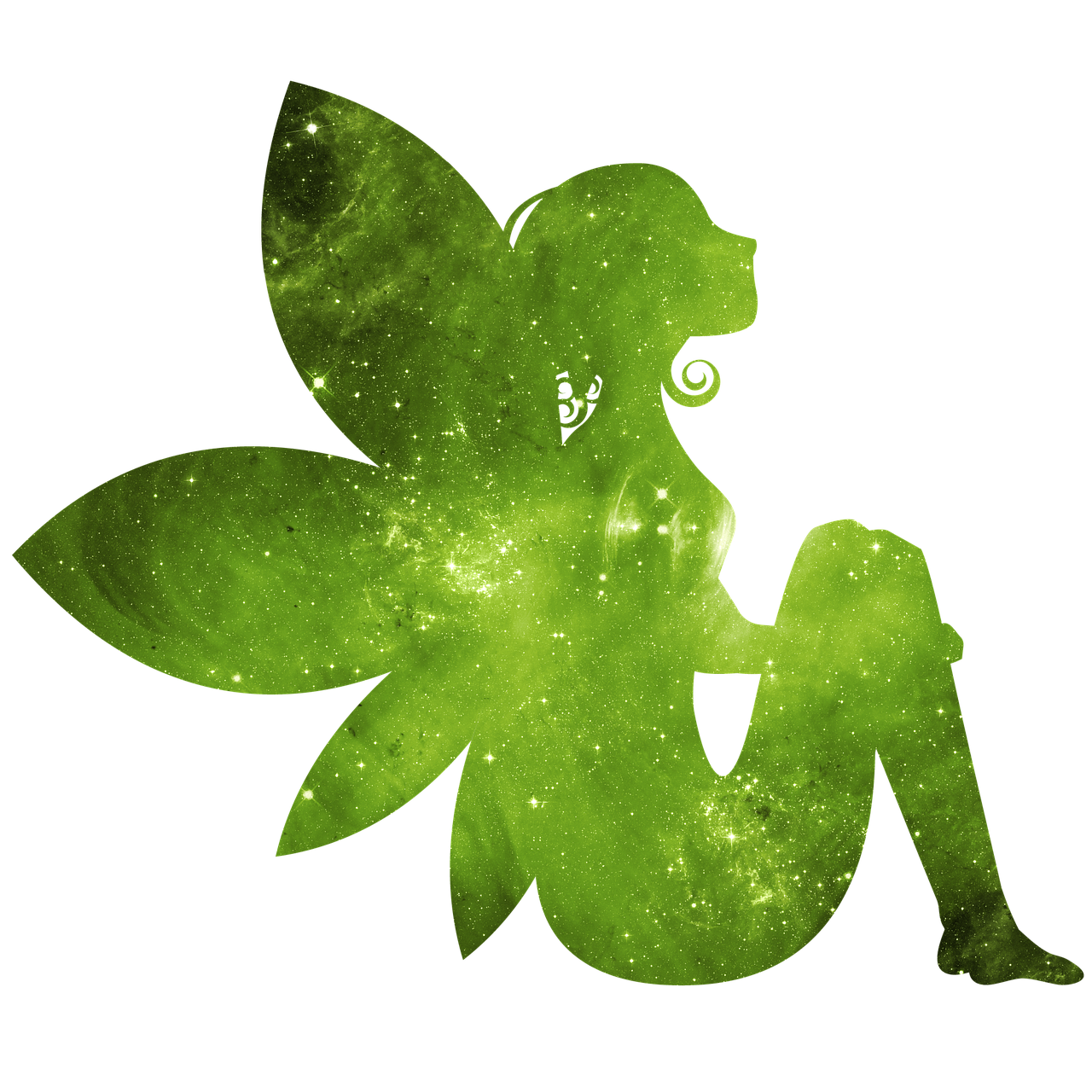 a green fairy sitting on a black surface, inspired by Sakai Hōitsu, deviantart, glowing glittery dust in the air, stylized silhouette, high res photo, backlit ears