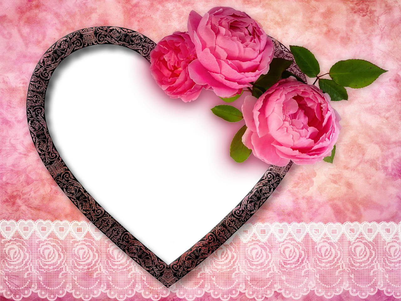 a picture frame in the shape of a heart with pink roses, a picture, inspired by Cindy Wright, pixabay contest winner, romanticism, black peonies, floral lacework, scrapbook, sandra chevier