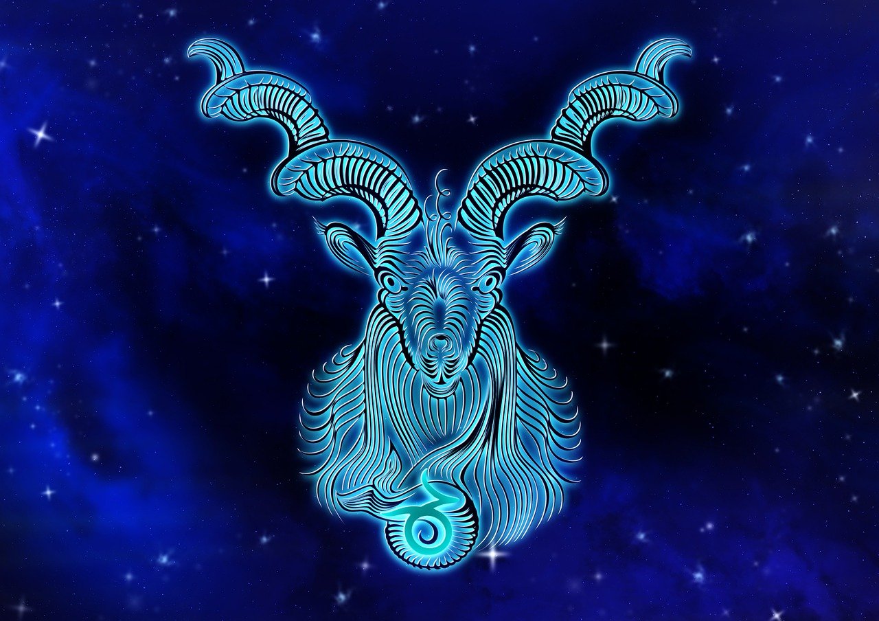 a close up of a goat's head on a background of stars, a digital rendering, by Meredith Dillman, shutterstock, digital art, dark blue neon light, aries fiery ram tarot, full body close-up shot, china