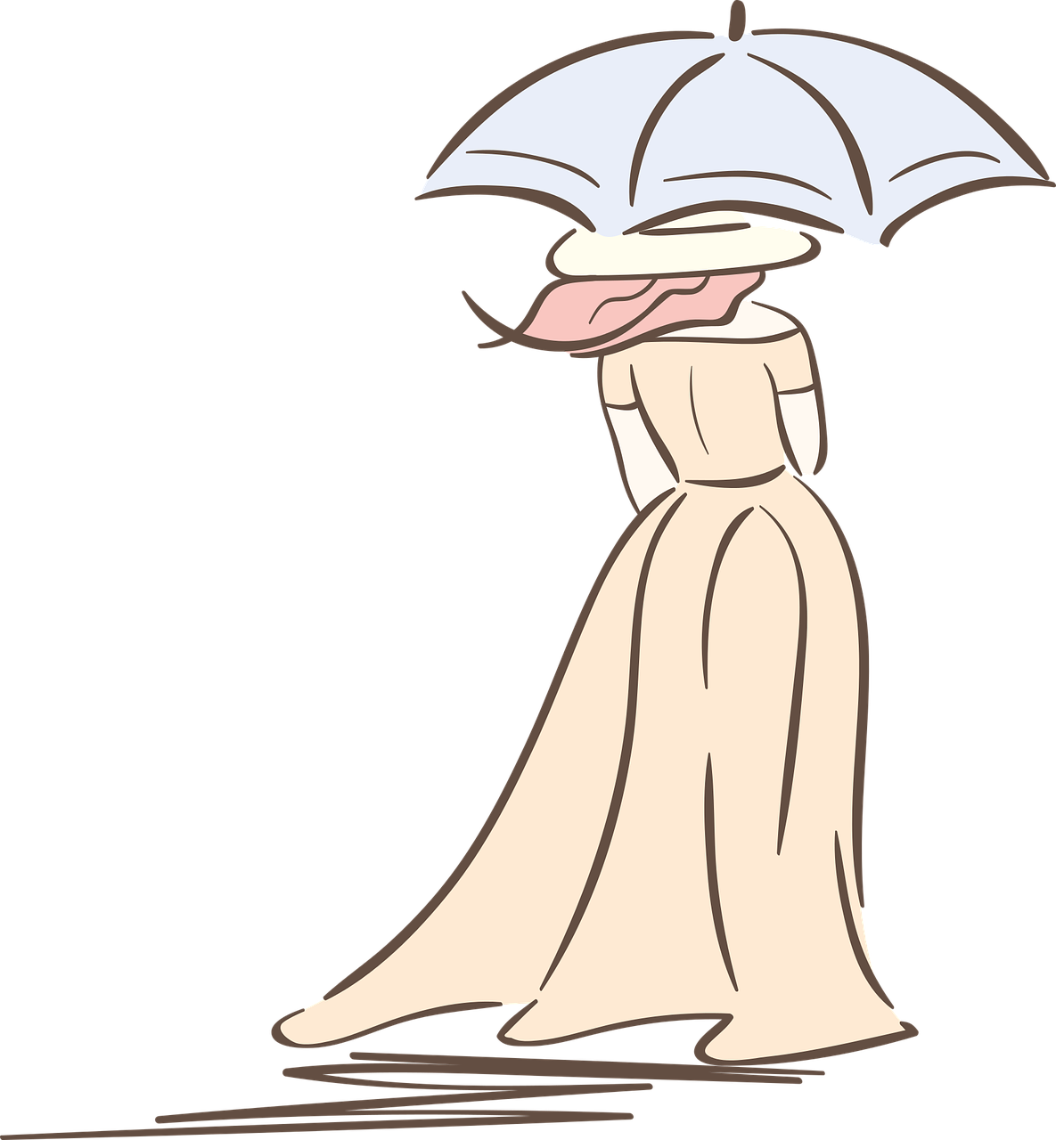 a woman in a white dress holding an umbrella, concept art, inspired by Francis Bourgeois, renaissance, cartoon style illustration, long elegant tail behind, hat covering eyes, full color illustration