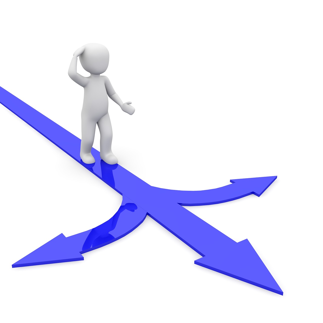 a person standing on top of a blue arrow, a picture, realism, crossover, intercrossed, trident, intersection