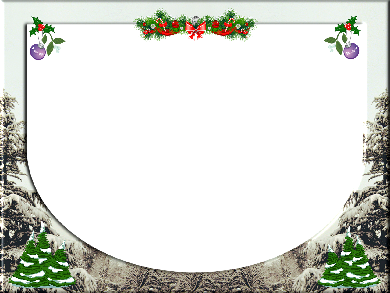 a picture frame with christmas decorations around it, a digital rendering, inspired by Sylvia Sleigh, art deco, solid black #000000 background, dead forest background, wide screenshot, cave background