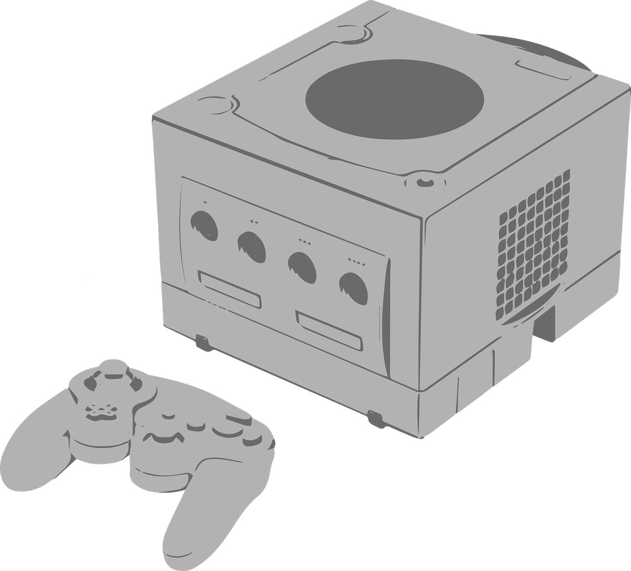 a couple of video game controllers sitting next to each other, an ambient occlusion render, inspired by Miyamoto, minimalist svg, nintendo 6 4 screenshot, cube, uncompressed png
