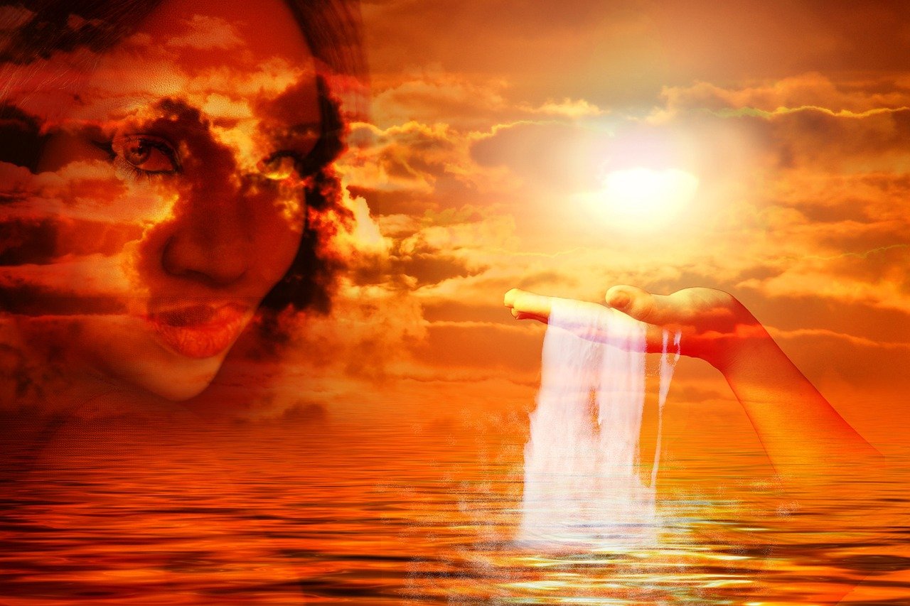 a woman holding a piece of paper over a body of water, digital art, by Kurt Roesch, digital art, rays of golden red sunlight, the face of god, orange mist, jesus walking on water