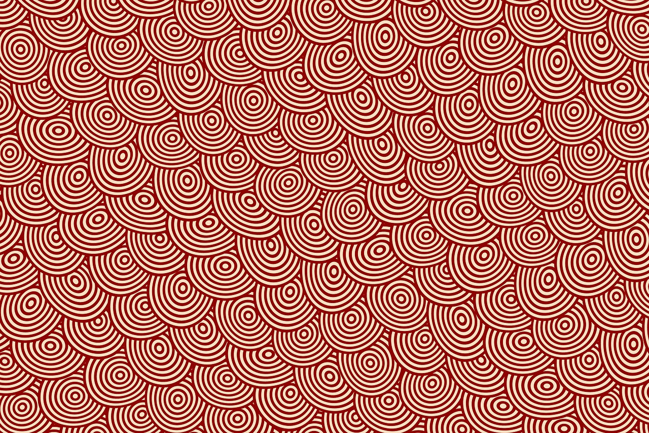 a pattern of circles on a red background, op art, rounded lines, aboriginal art, design on white background, red scales on his back