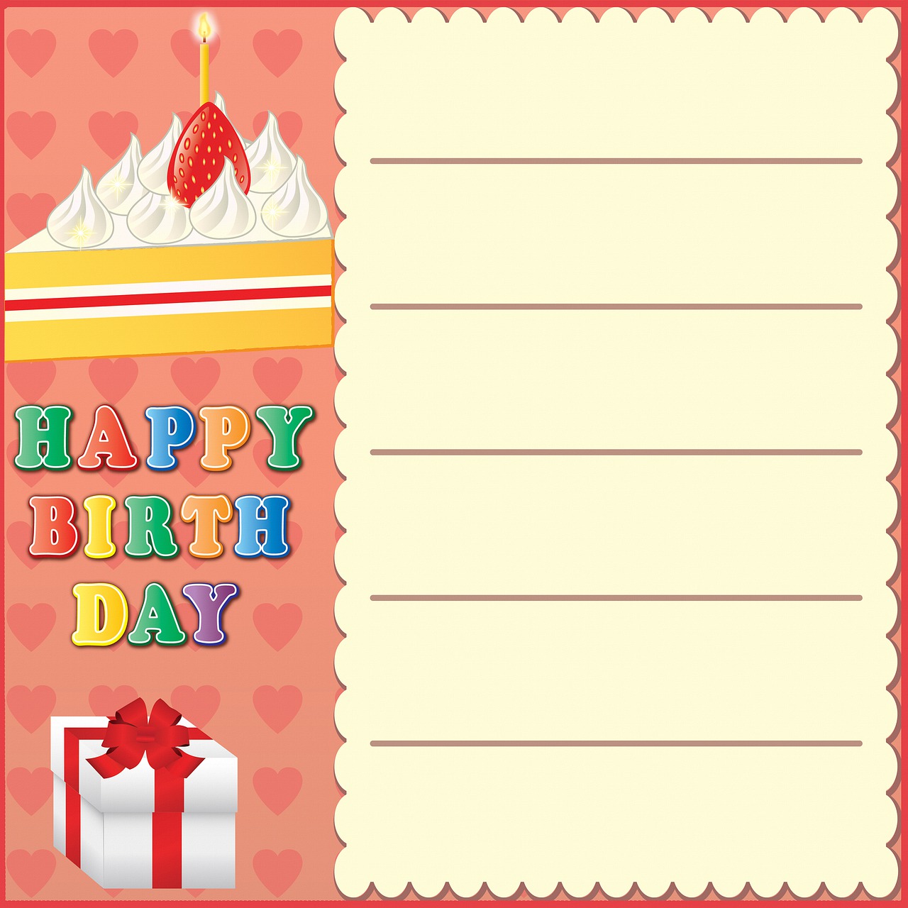 a birthday card with a cake and a present, a picture, by Hiroshi Honda, shutterstock, sōsaku hanga, template sheet, highly details form, sticker illustration, reddish