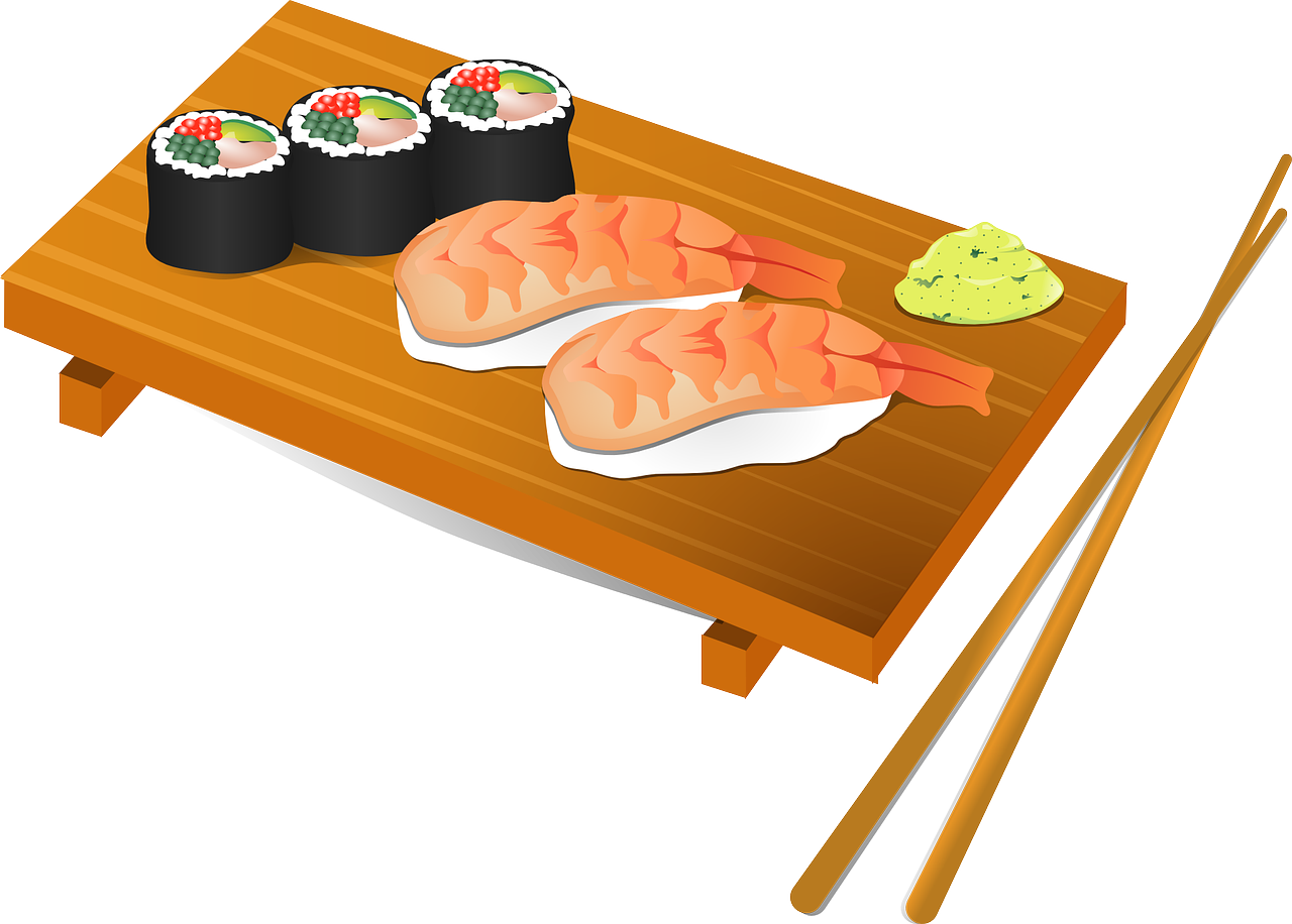 a wooden table topped with sushi and chopsticks, an illustration of, illustration sharp, shrimp, twins, brushed