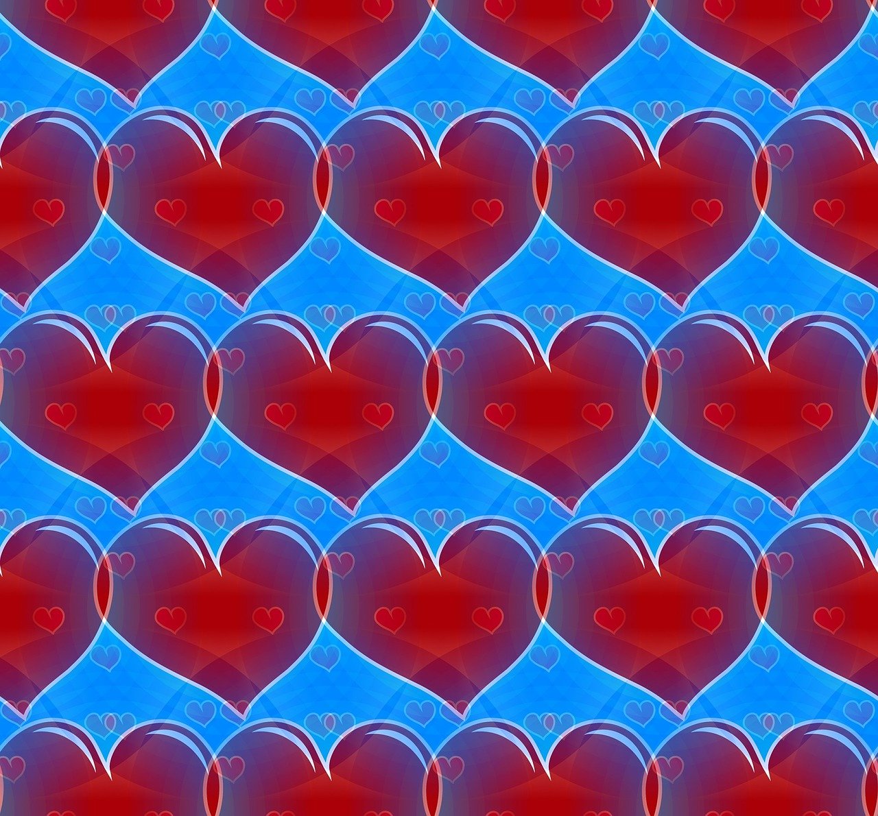 a lot of red hearts on a blue background, a digital rendering, by Jon Coffelt, trending on pixabay, pop art, seamless pattern :: symmetry, blue transparent jelly, wallpaper - 1 0 2 4, glass-cast heart