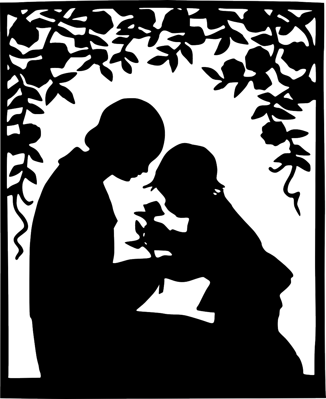 a silhouette of a woman giving a flower to a child, pixabay contest winner, arts and crafts movement, kirigami, mourning, rectangular piece of art, grandma