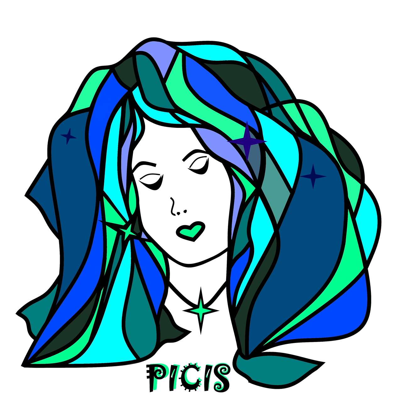 a drawing of a woman with long hair, vector art, inspired by Pia Fries, psychedelic art, neon blue highlights, pisces, blue and green color scheme, stained glass style