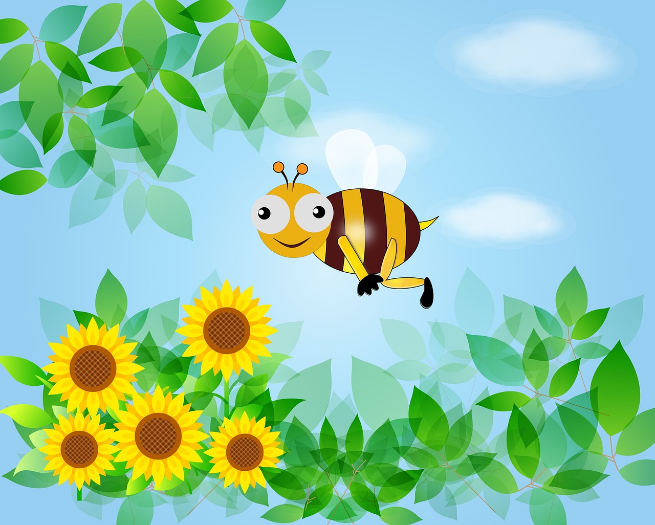 a bee flying over a field of sunflowers, vector art, figuration libre, cute forest creature, bushes and leafs, transparent backround, vacation photo