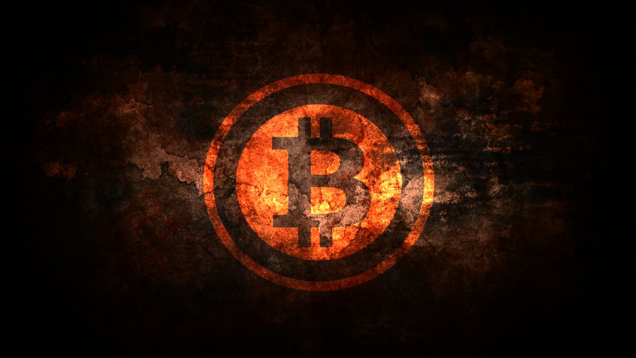 a bitcoin logo on a dark background, a picture, by Bernard Meninsky, graffiti, medieval coin texture, burned, orange backgorund, black and brown colors