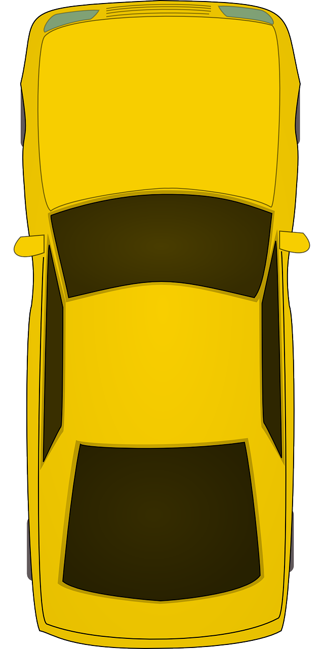 an overhead view of a yellow car, a cartoon, by Andrei Kolkoutine, long view, black. yellow, vertical, standing straight