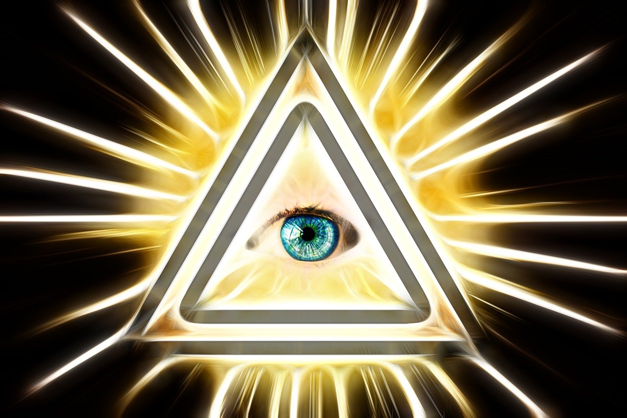 a triangle with an eye inside of it, a hologram, by Cedric Seaut (Keos Masons), shutterstock, abstract illusionism, supernatural golden eyes, radiating rebirth energy, photo-shopped, dimensional cyan gold led light