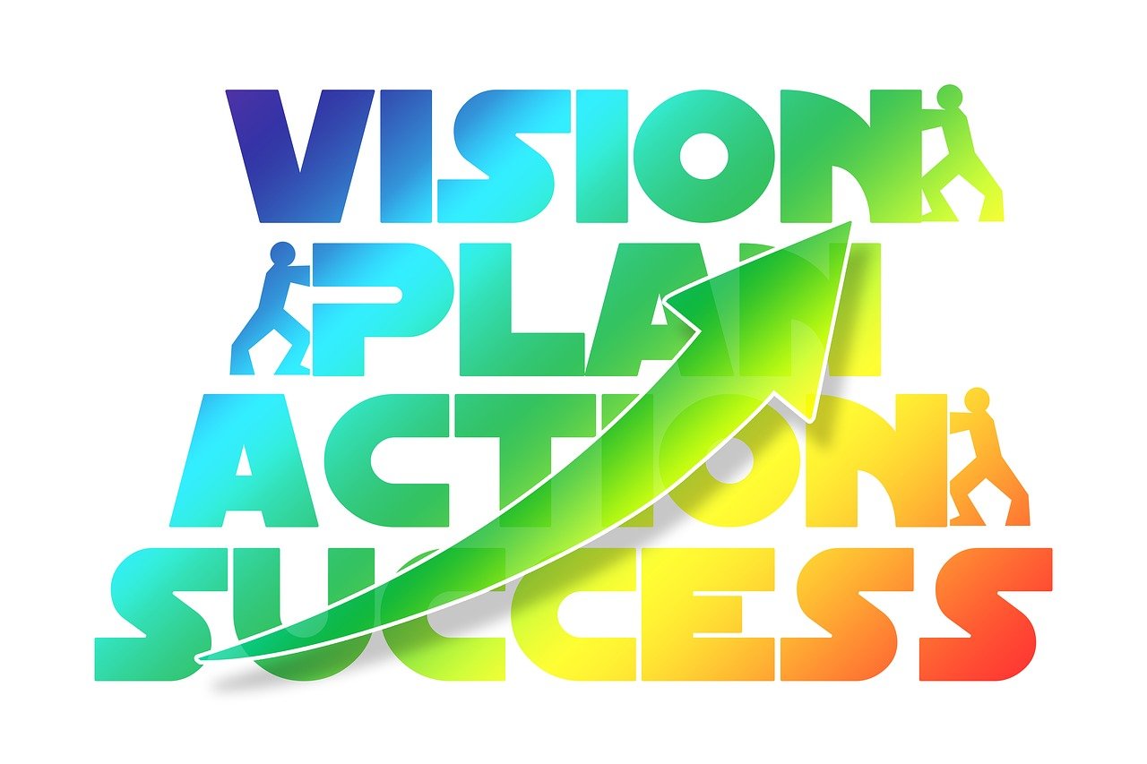 a sign that says vision, plan, action, success, by Verónica Ruiz de Velasco, pixabay, visual art, diagram, action packed, business logo, ad image