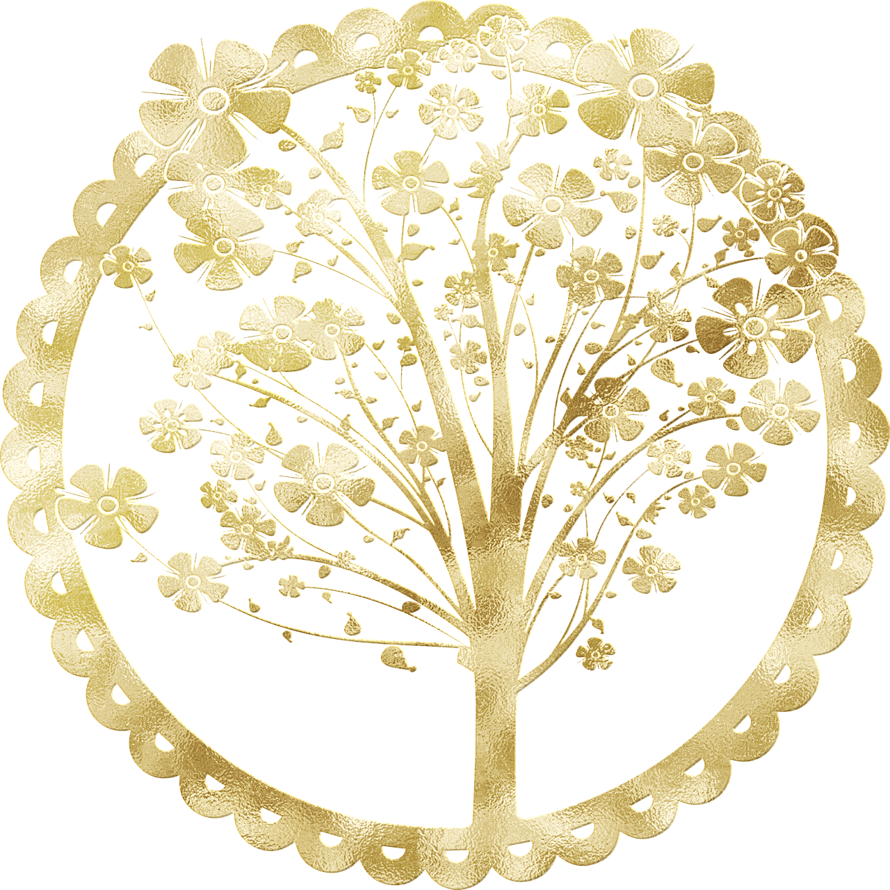 a gold tree in a circle on a black background, a digital rendering, art nouveau, trees and flowers, ornamental bone carvings, cloisonne, detailed lacework