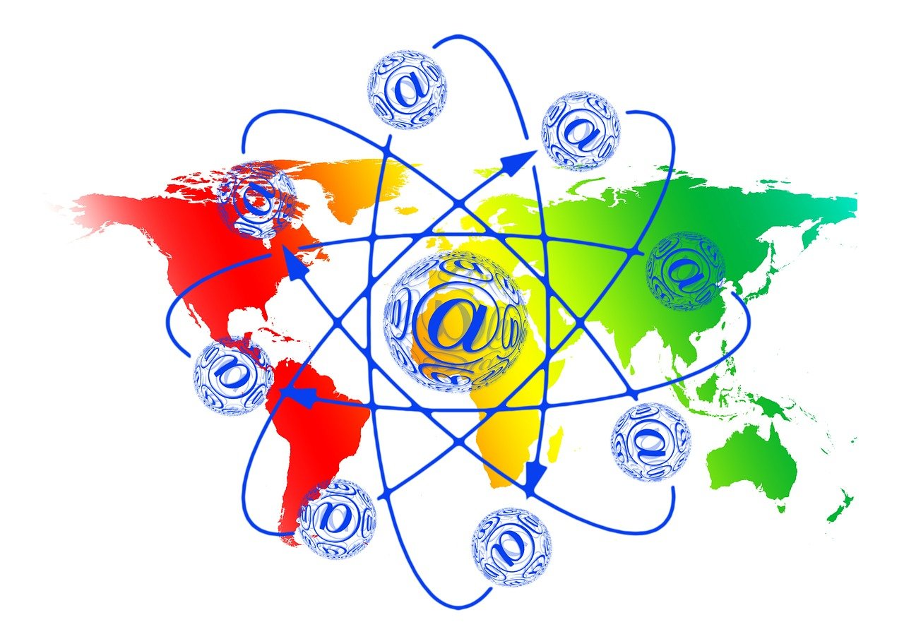 a map of the world with symbols around it, an illustration of, nuclear art, email, 2 d logo, electron flow, on white background