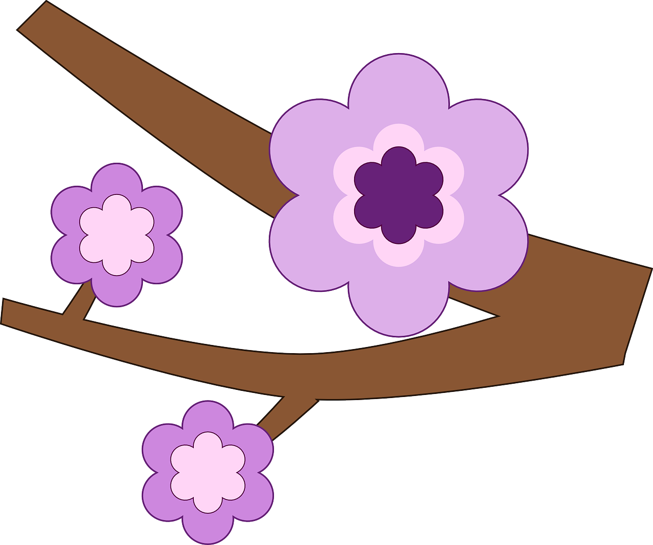 a purple flower sitting on top of a tree branch, inspired by Masamitsu Ōta, deviantart, sōsaku hanga, material is!!! plum!!!, japanese cartoon style, three, spring color scheme