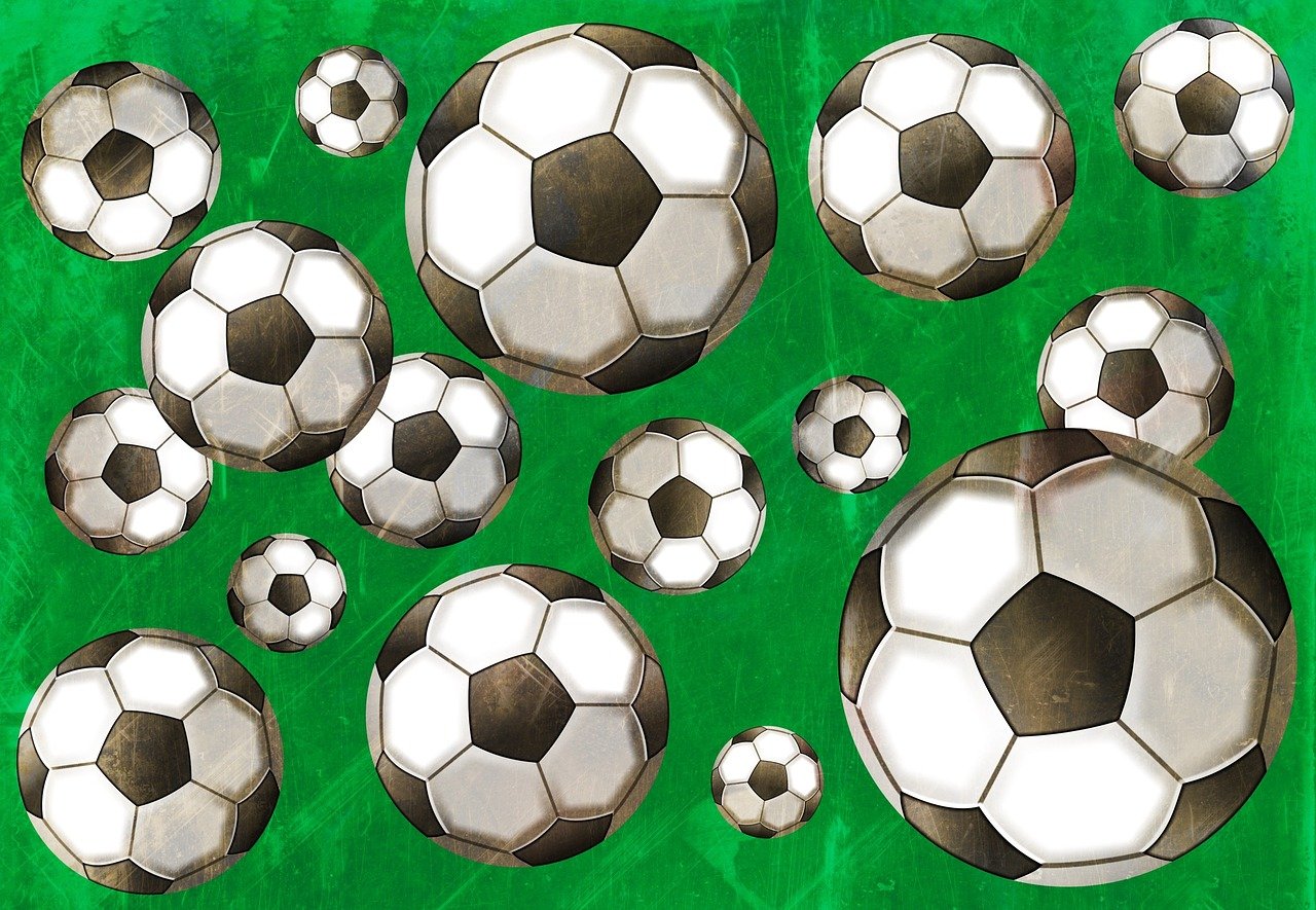 a group of soccer balls sitting on top of a green field, inspired by Hermann Rüdisühli, dribble, conceptual art, medium detail, foil, panel, paper