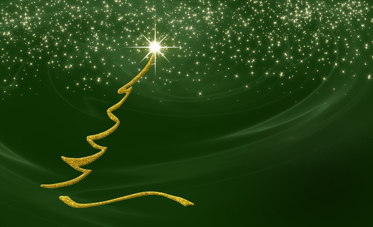 a gold christmas tree on a green background, digital art, shooting star in background, high res photo