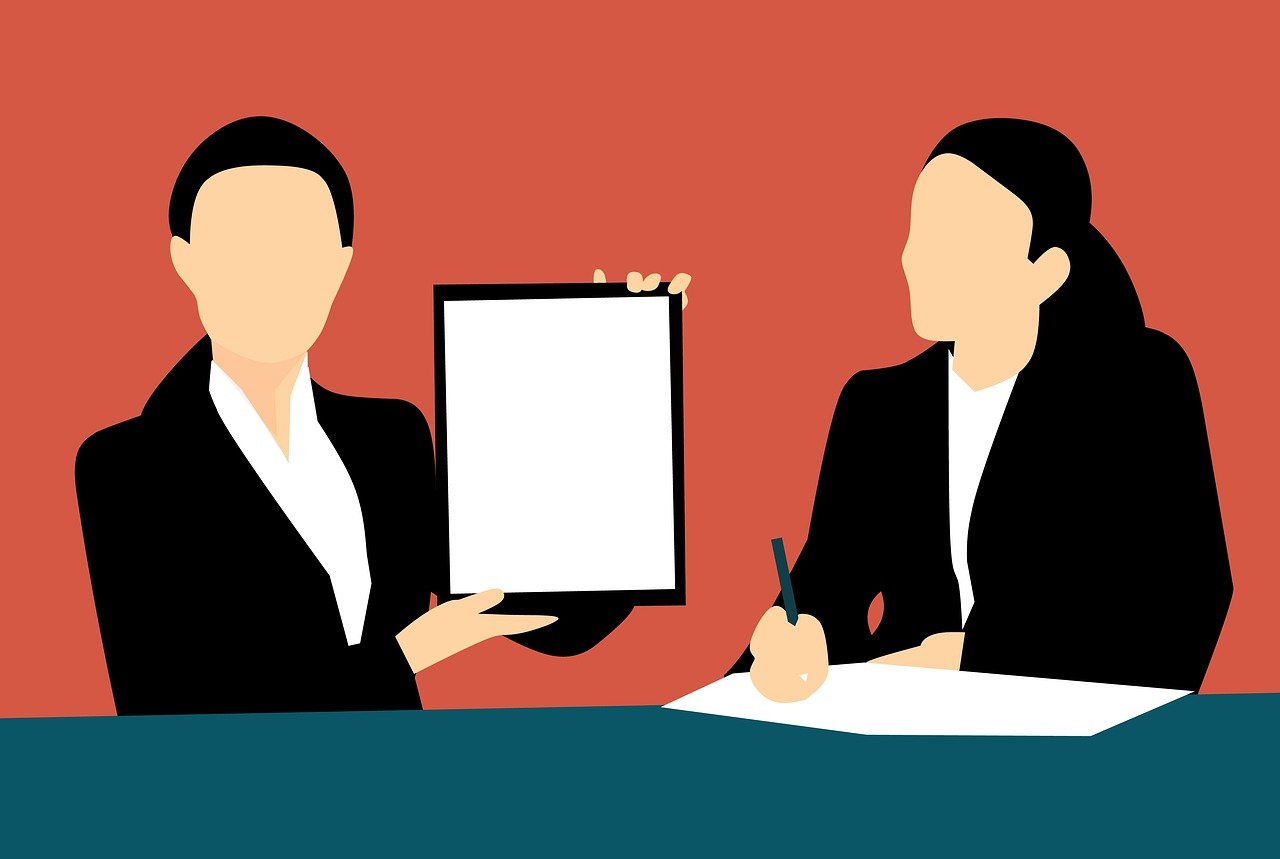a man and a woman sitting at a table with a clipboard, pixabay, conceptual art, woman holding sign, woman in black business suit, minimalistic composition, whiteboard