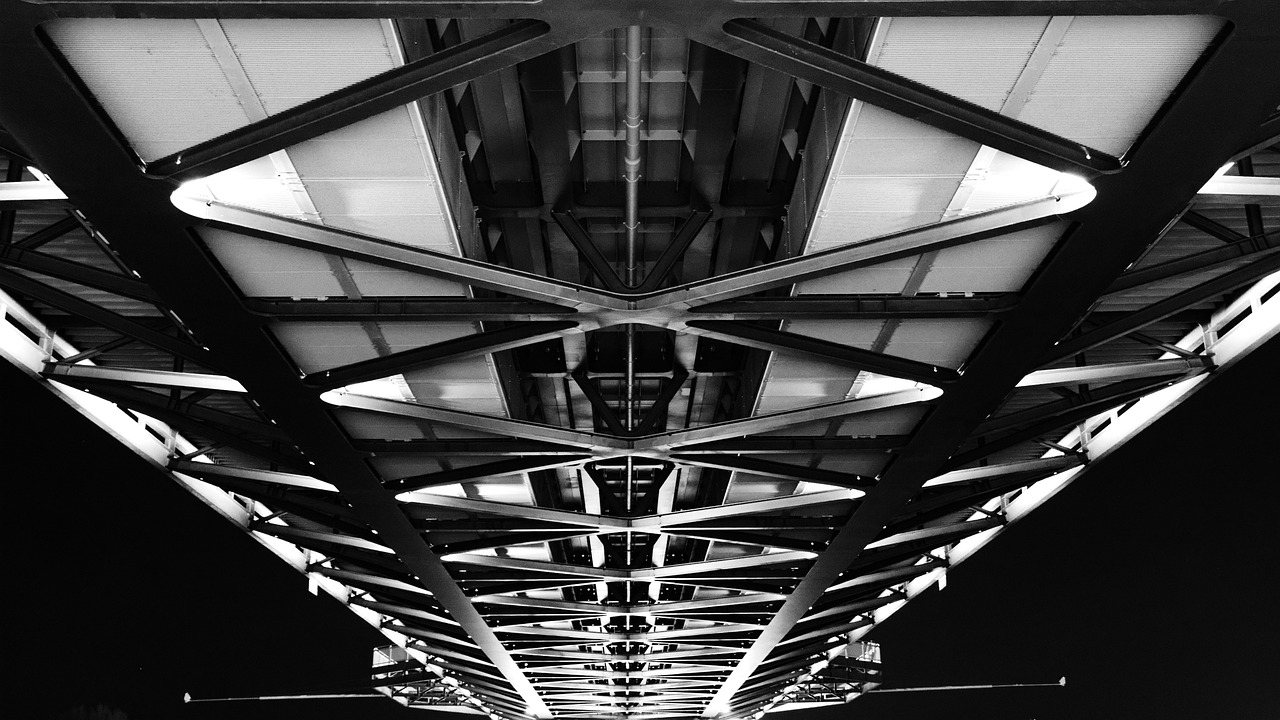 a black and white photo of the underside of a bridge, a portrait, precisionism, symmetry! futuristic robotic, laquer and steel, monochrome:-2, symmetry!! portrait of akuma