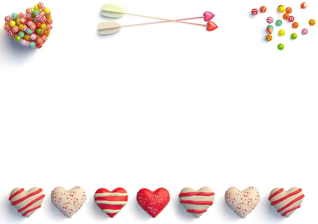 a white table topped with lots of different types of candies, a 3D render, digital art, several hearts, background image, white background : 3, strings background