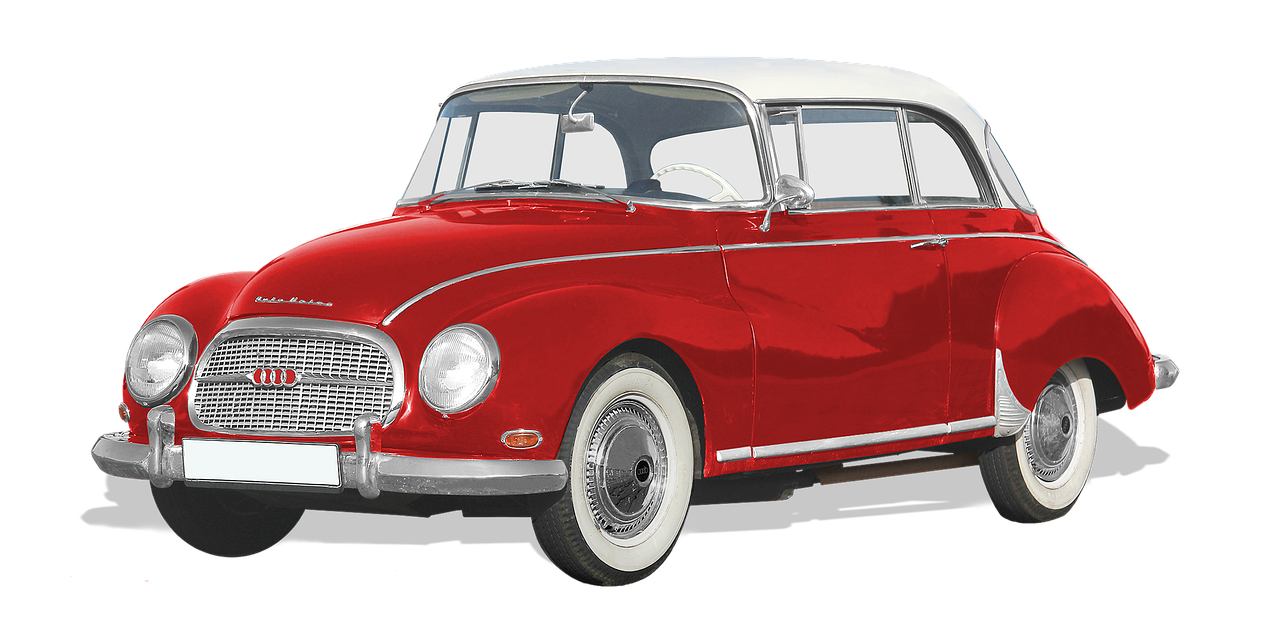a red and white car on a black background, a digital rendering, by Hans Fischer, pixabay, bauhaus, classic gem, caravan, catalog photo, 1950's
