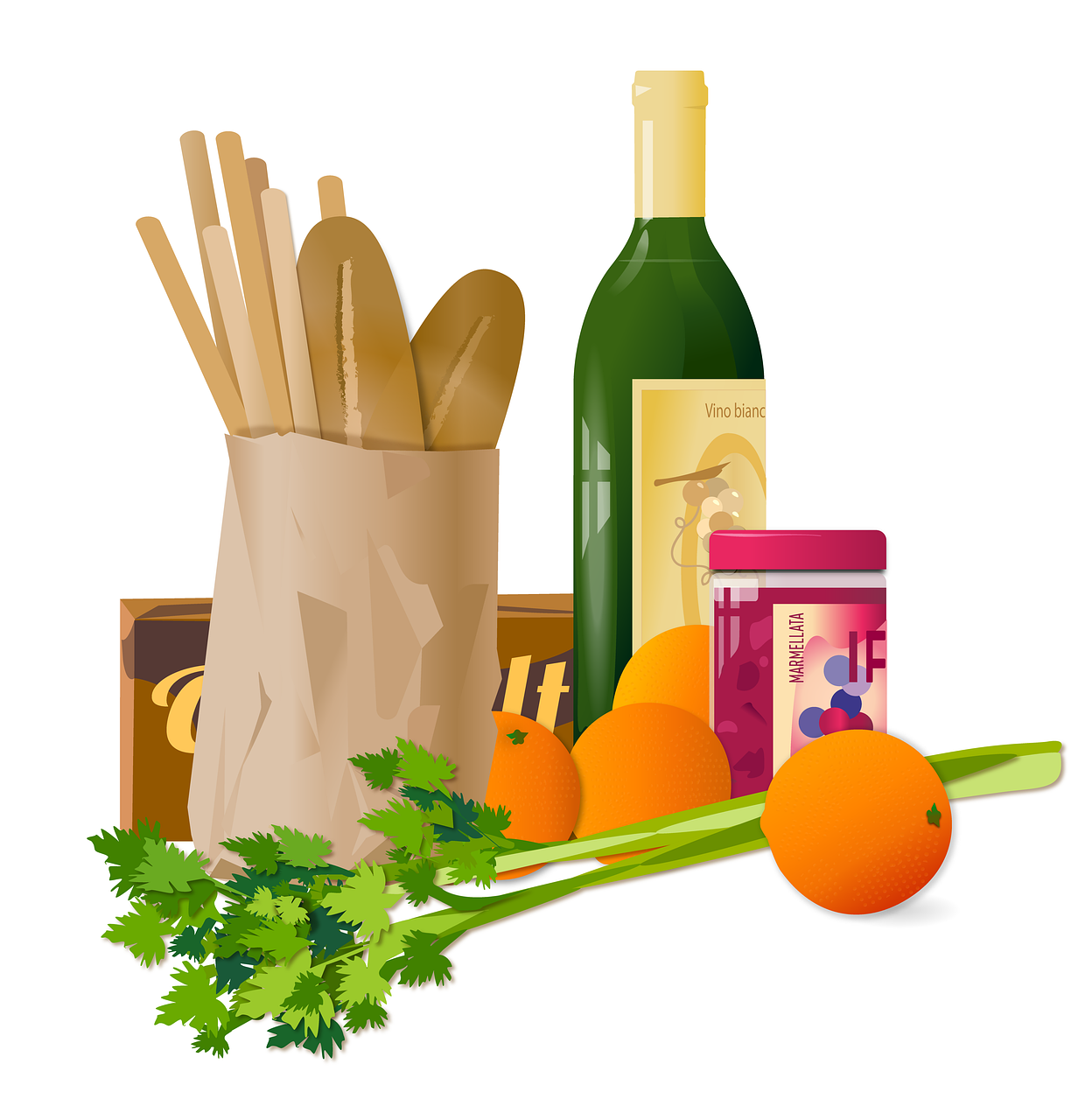 a bunch of food sitting on top of a table, a digital rendering, renaissance, shopping groceries, illustrator vector graphics, green and orange theme, in style of simplified realism