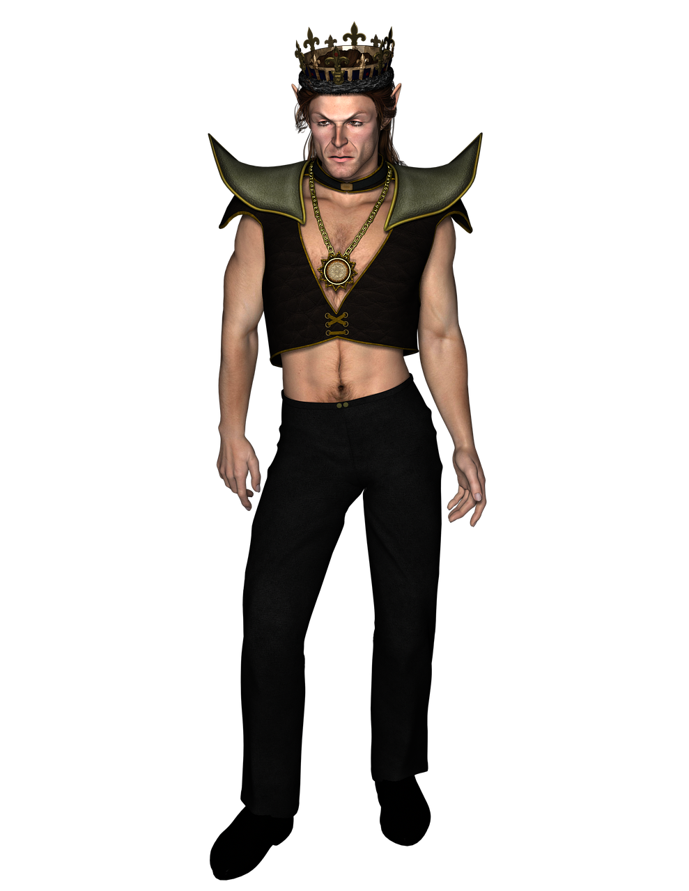 a man wearing a crown standing in front of a black background, inspired by Zoltan Boros, deviantart, modeled in poser, kefka ff6, ozymandias, fullbody photo