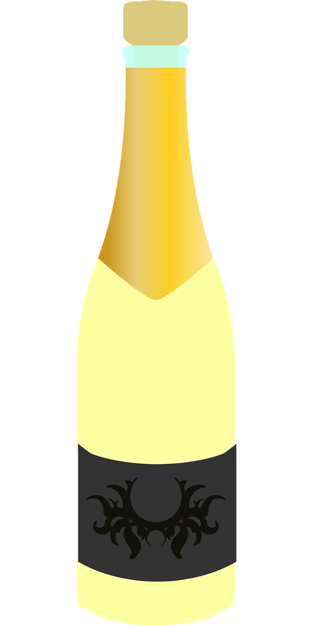 a bottle of wine sitting on top of a table, inspired by Richard Gerstl, pixabay, sōsaku hanga, black and yellow scheme, gradient white to gold, top-down view, champagne