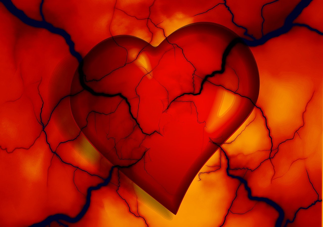 a close up of a broken heart on a red background, romanticism, fractal veins, glowing cracks, flash photo, high res photo