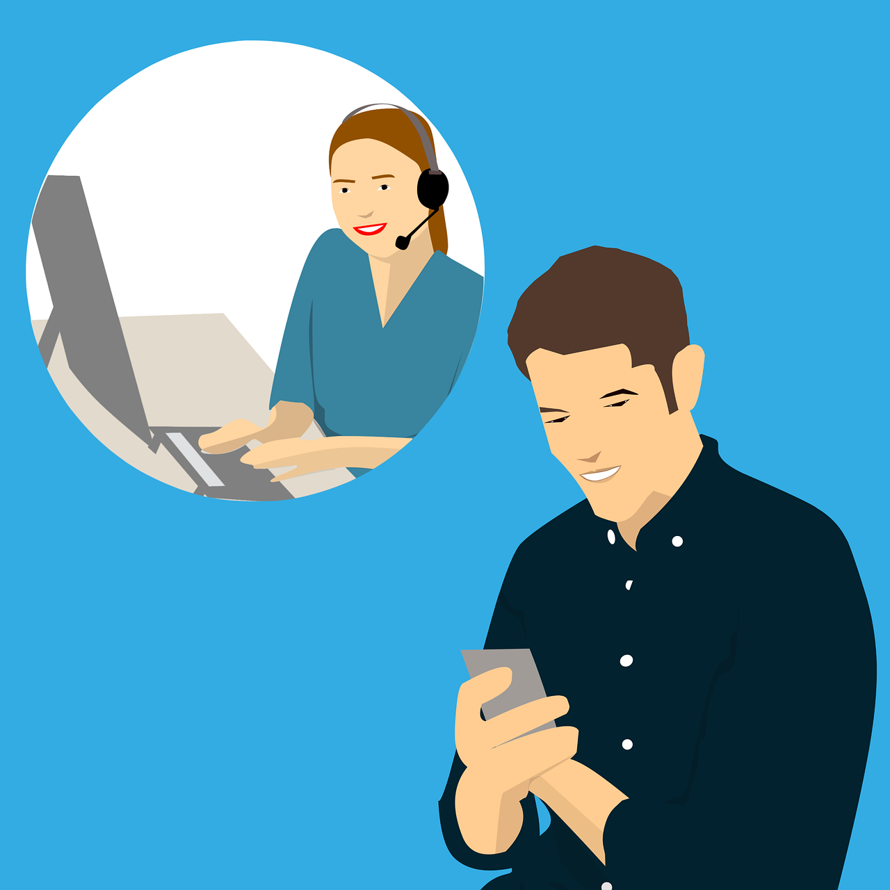 a man sitting in front of a laptop and talking on a cell phone, an illustration of, man and woman, working in a call center, with a blue background, portrait illustration