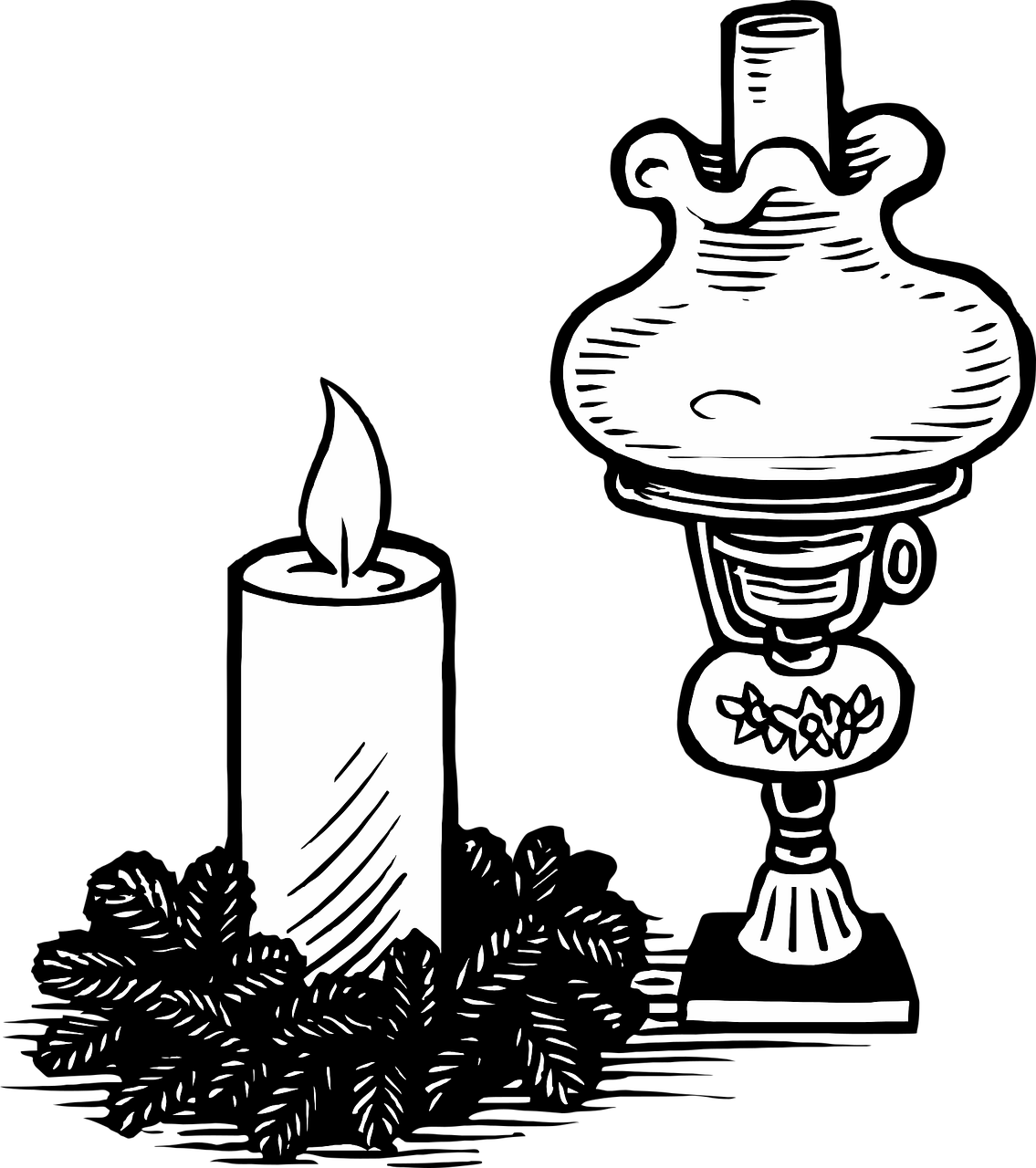 a lit candle sitting next to a lit candle, pixabay, folk art, black and white engraving, carbide lamp, christmas night, graphic of enchanted terrarium
