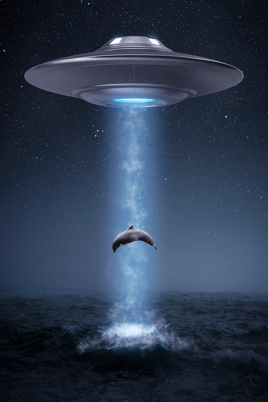 a dolphin jumping out of the water in front of a flying saucer, concept art, shutterstock, ufo lighting, the photo was taken from a boat, humans hide in the underwater, 2 0 2 2 photo