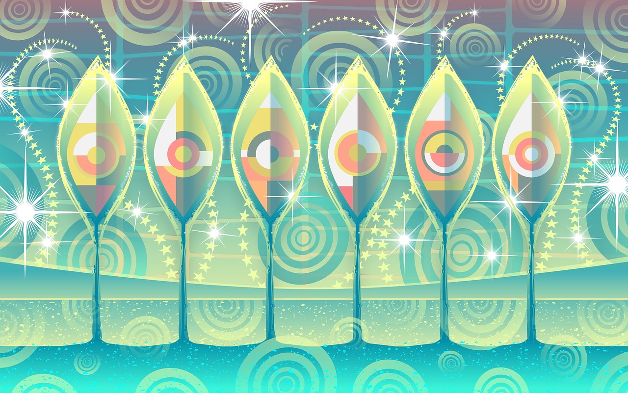 a group of wine glasses sitting on top of a table, vector art, inspired by Laurel Burch, green sparkles, spears, surrealism background, portfolio illustration