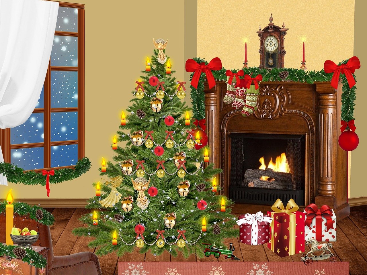 a decorated christmas tree in front of a fireplace, a digital rendering, shutterstock, naive art, background image, clipart, it is very detailed, cut