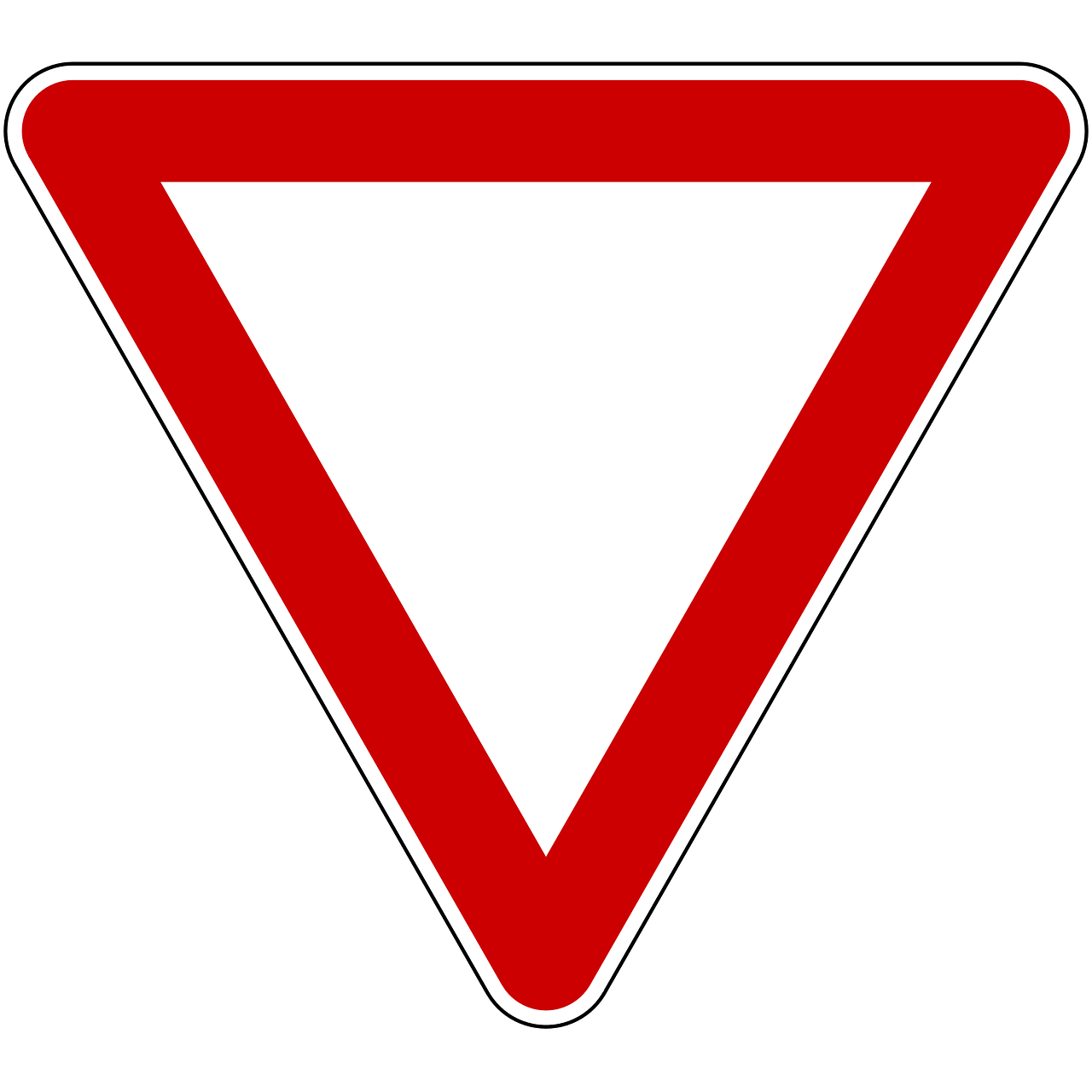 a red and white triangular sign on a black background, by Thomas de Keyser, pixabay, bauhaus, driver, rivers, white borders, valeriy vegera