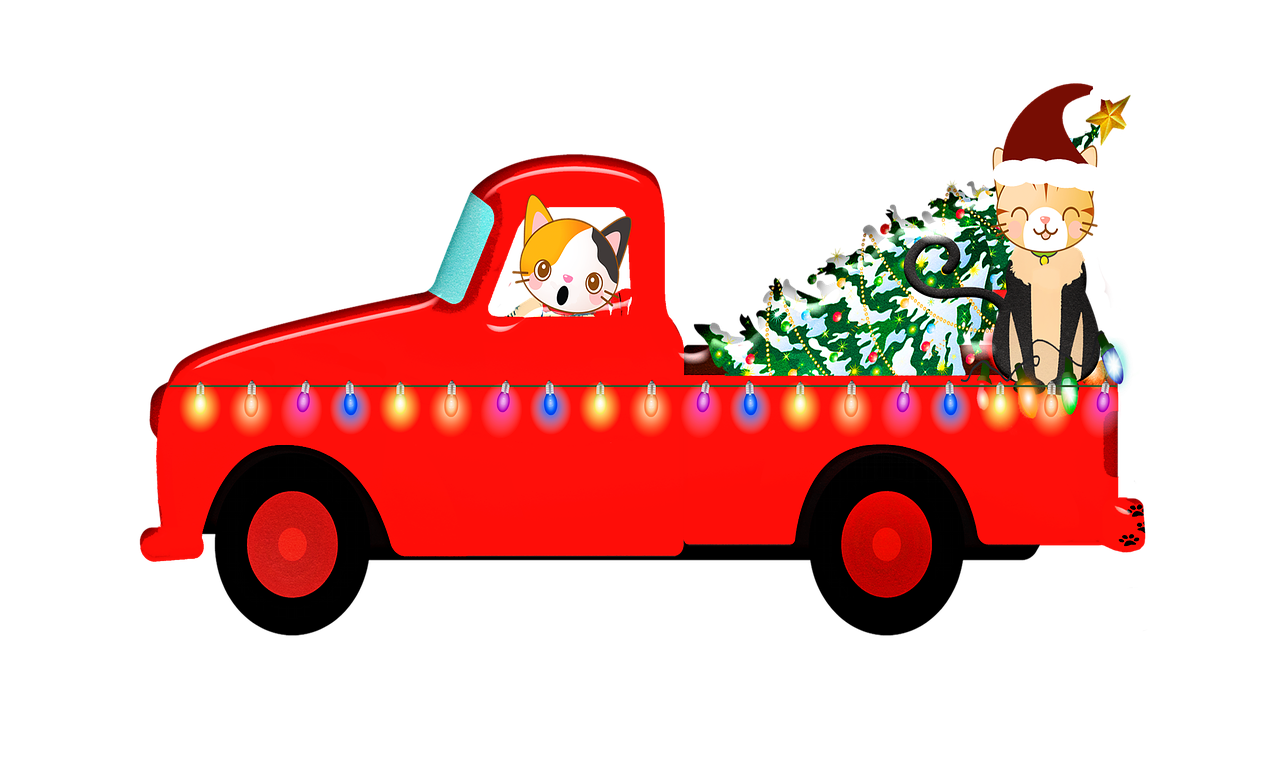 a red truck with a christmas tree in the back, a digital rendering, by Kanbun Master, sōsaku hanga, !!! cat!!!, posterized, chip 'n dale, on black background