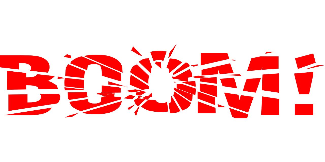 the word boom written in red on a black background, by Dom Qwek, dada, vomiting blood, front mission, propaganda logo, comet